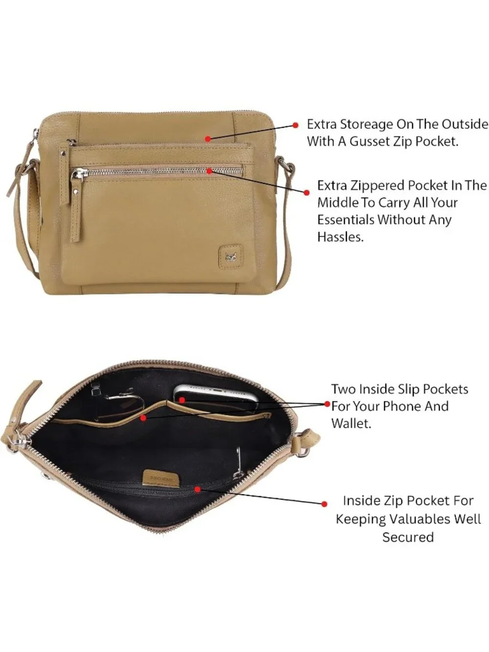 Women's Khaki Genuine Leather Sling Purse with Adjustable Strap Crossbody bag